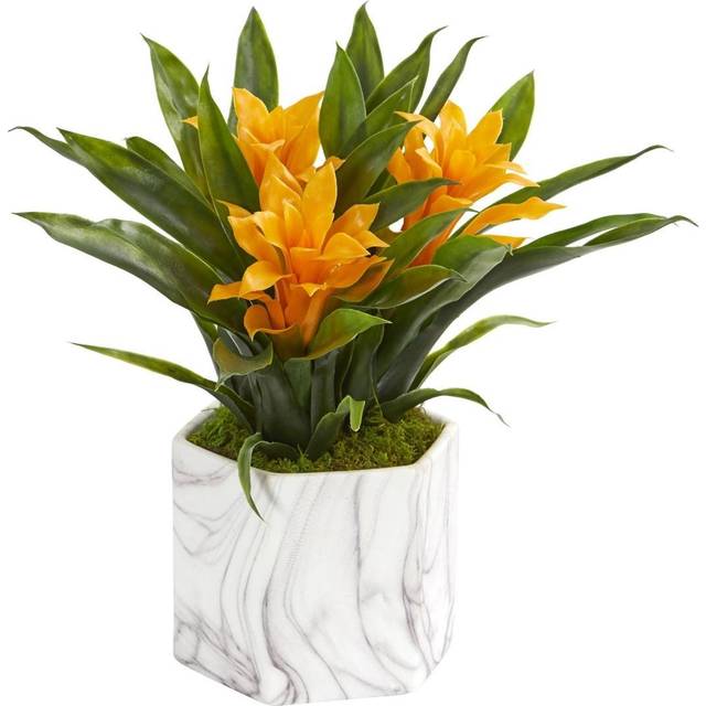 Nearly Natural Bromeliad Artificial Marble Finished Vase Silk Plants, 6 In. W x 6 In. D x 11 In. H, Yellow