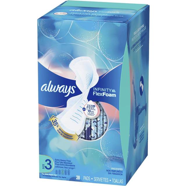 Always Infinity FlexFoam Pads för kvinnor, storlek 3, extra tung absorptionsförmåga, doftfri, 28 stycken