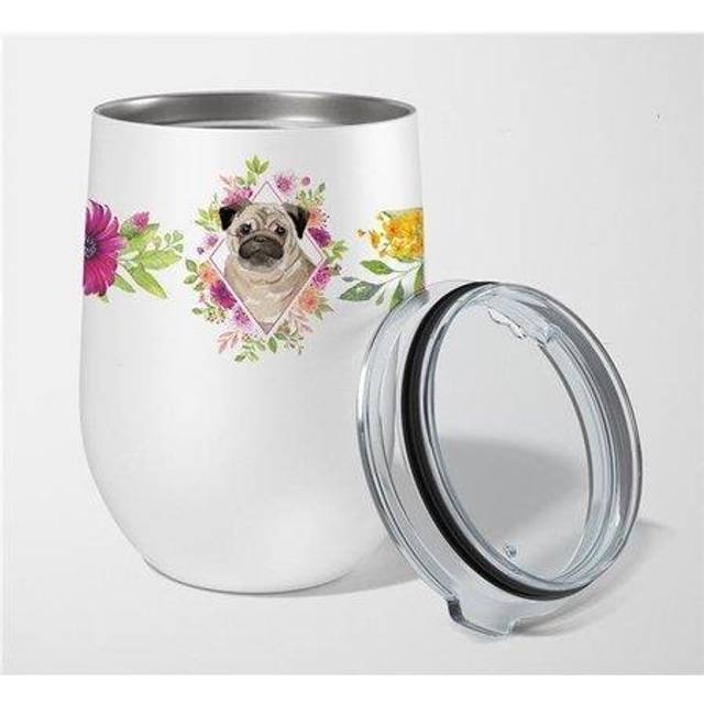 Caroline's Treasures Fawn Pug Pink Flowers Stainless Steel 12 oz Stemless Wine Glass travel-insulated-tumblers  Multicolor