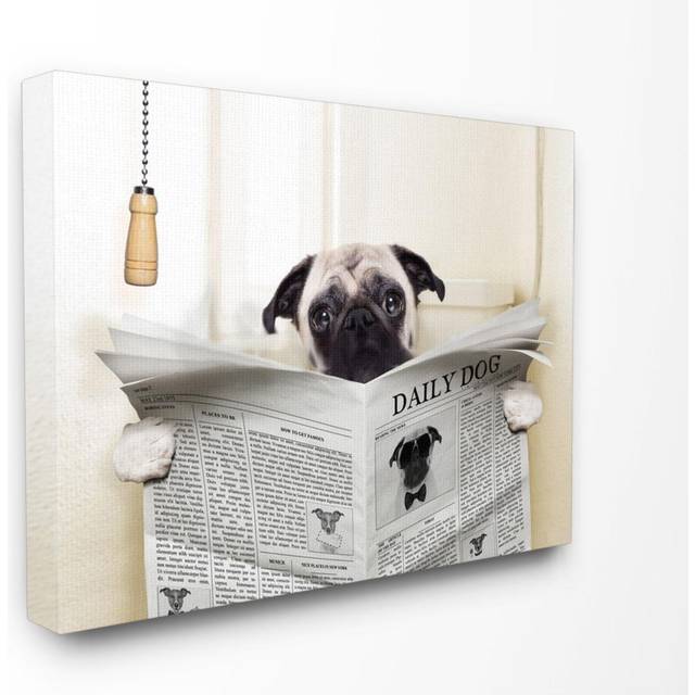 Stupell Industries Pug Reading Newspaper in Bathroom Stretched Canvas Wall Art  16 x 1.5 x 20  Proudly Made in USA