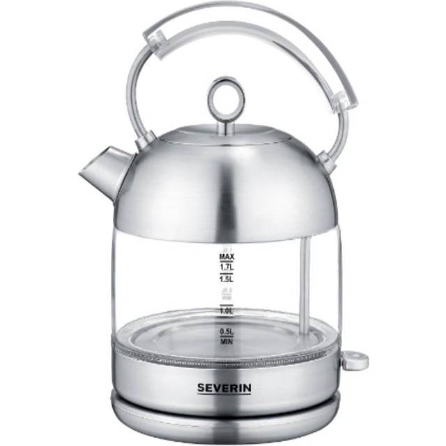 SEVERIN Retro Glass Kettle, kraftfull och kompakt vattenkokare i högkvalitativ retrodesign, elektrisk vattenkokare, glas/borstat rostfritt stål, WK 3459