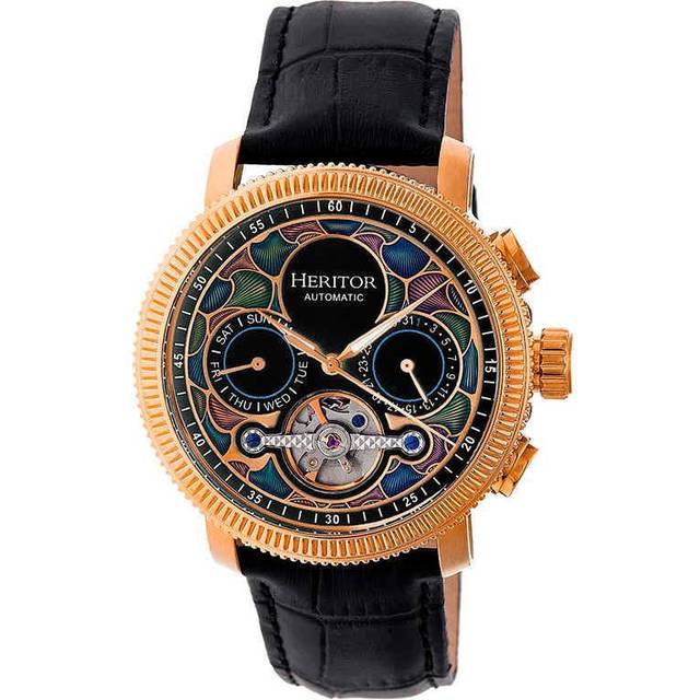 Heritor Automatic Aura Mens Semi-Skeleton Leather-Band Watch - Black & Rose Gold Stainless Steel - One Size