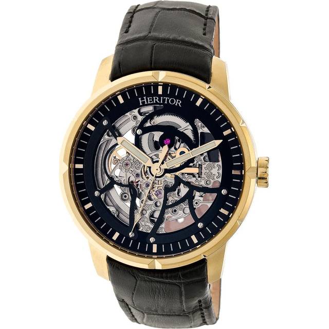 Heritor Automatic Mens Ryder Skeleton Leather-Band Watch - Black/Gold Stainless Steel - One Size