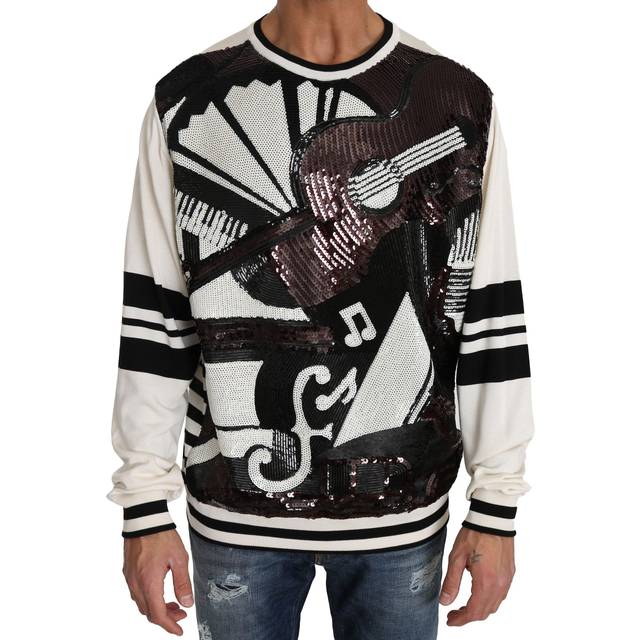 Dolce & Gabbana White Jazz Sequined Guitar Pullover Top Sweater - IT44 | XS