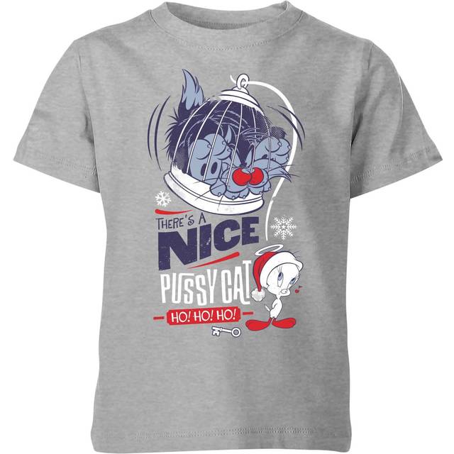 Looney Tunes Tweety Pie Pussy Cat Kids' Christmas T-Shirt - Grey - 9-10 Years