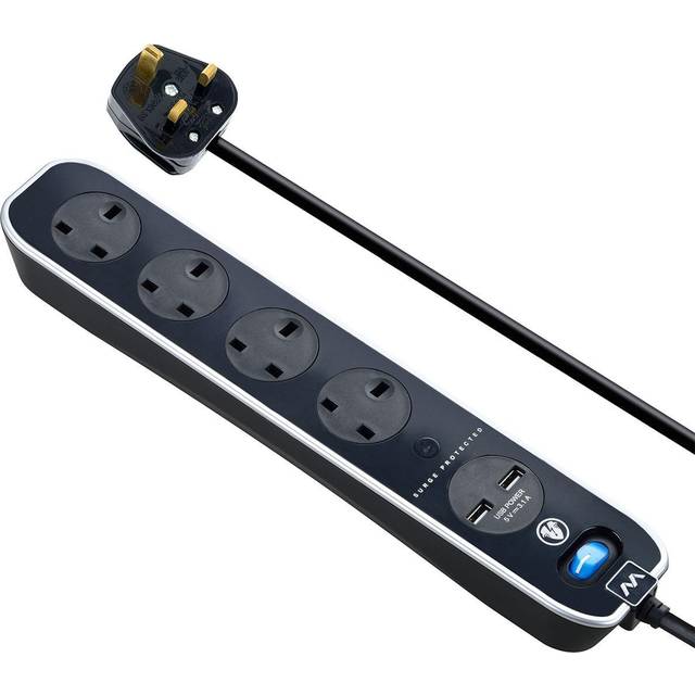Masterplug SRGLSU42PB-MP Four Socket Switched Inline Power Surge Protected Extension Lead with Two USB Charging Ports, 2 Metres, Gloss Black