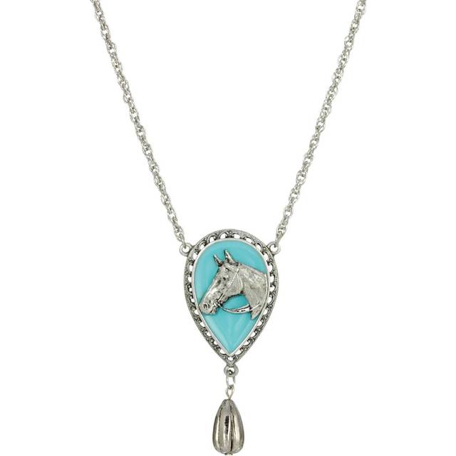 Silver Tone Turquoise Enamel Horse Head Necklace 18 Inch - Natural (One Size)
