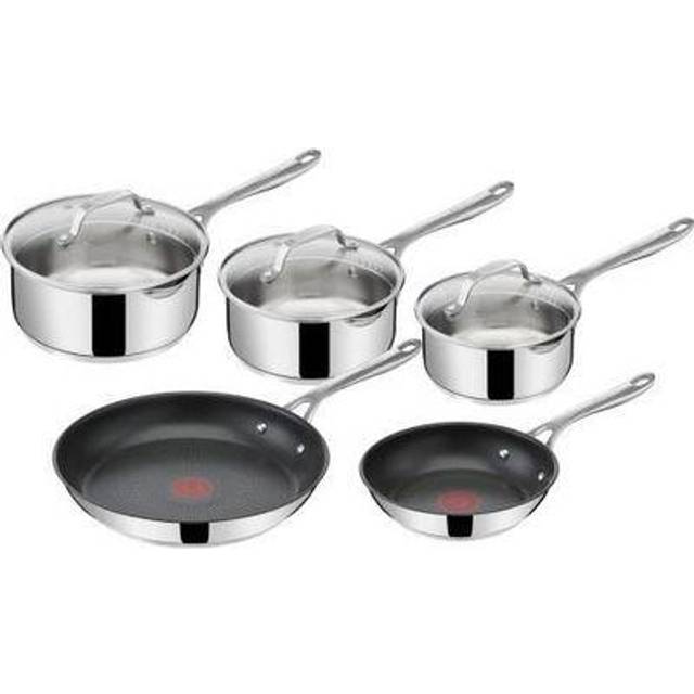 Tefal Jamie Oliver Cook's Direct, 5 delar non-stick krukor och stekpannor i rostfritt stål, 16 & 18 & 20 cm kastruller med lock, 20 & 28 cm stekpannor, induktionshäll kompatibel, E304S544