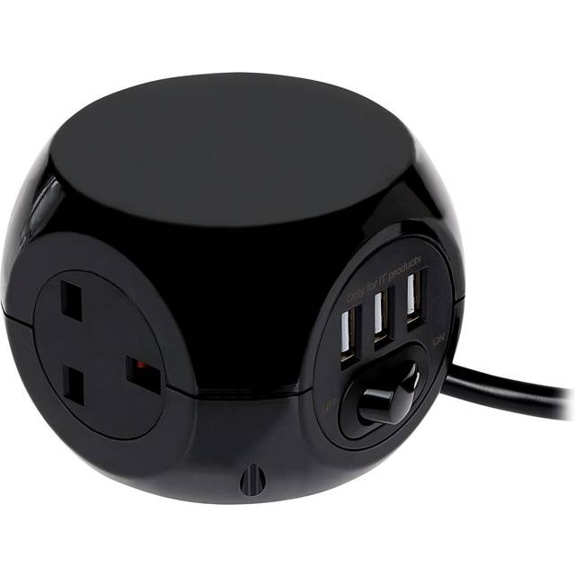 1.4M 3 Socket Electrical Extension Cube with 3 USB slots - Black