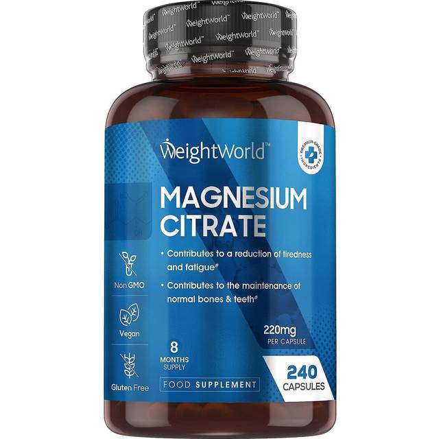 Magnesium Citrat Kapslar- 240 Vegan Magnesium Kapslar - 1480mg Rent Magnesiumcitrat med 440mg Elementärt Magnesium -Hög Absorption -4 Månaders Leverans -Magnesium Citrat Pulver - WeightWorld