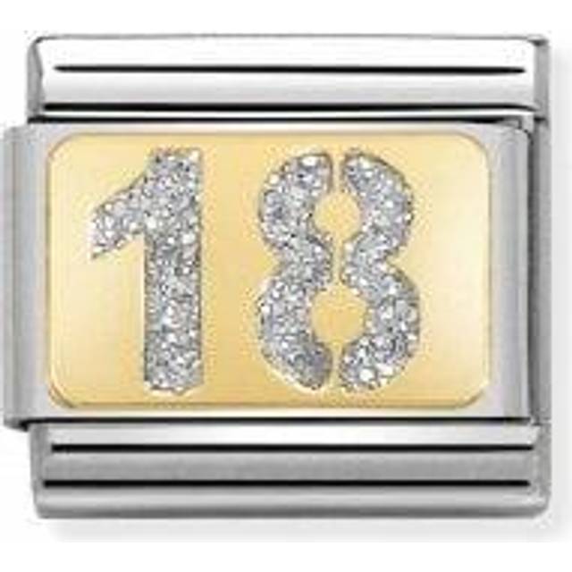 Nomination Classic Glitter Charm - Enamel and 18k Gold Number 18 - Silver,Gold,Clear - 0.9cm x 1.0cm