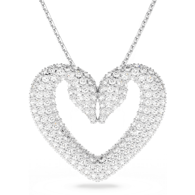 Una pendant, Heart, Large, White, Rhodium plated