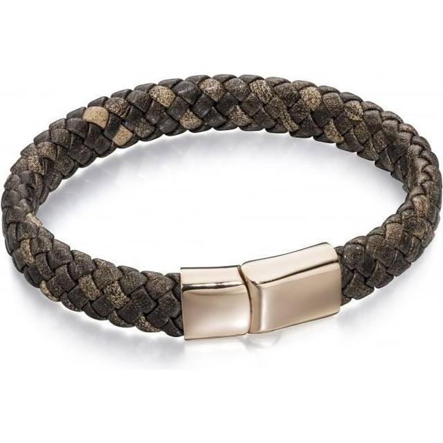 Fred Bennett Stainless Steel Wide Plaited Brown Leather Rose Bracelet B4685