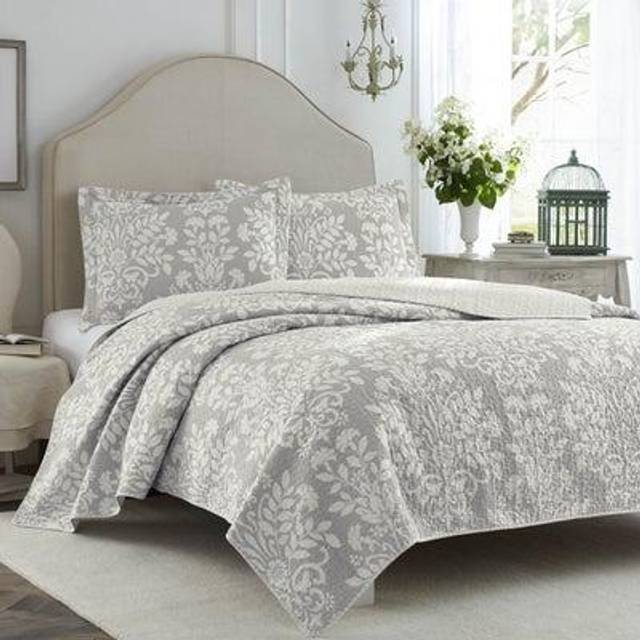Laura Ashley Rowland Collection 100% Cotton  Reversible  All Season Bedding with Matching Sham  Pre-Washed for Added Comfort  Queen  Gray