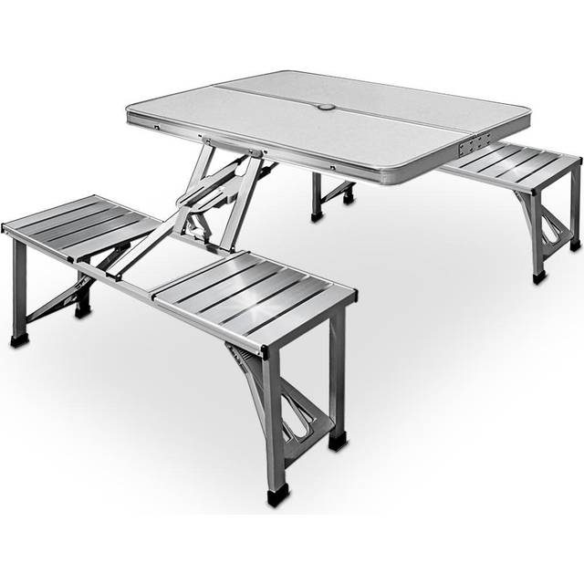 Alu campingbord m. 4 stole, foldbart, parasolholder
