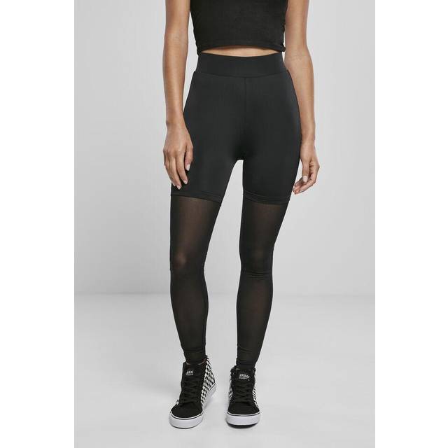 Urban Classics Damleggings, dam, hög midja, transparent, tech mesh, sportbyxor för kvinnor med nätinsatser på benet, storlekar XS – 5XL, svart, S