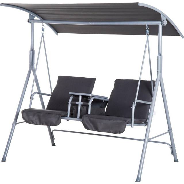 Outsunny 2 Person Covered Patio Swing with Pivot Table & Storage Console Grey | TJ Hughes