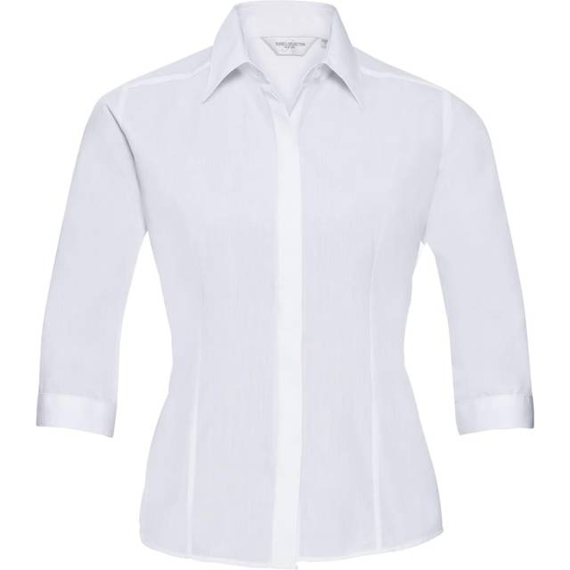 (XS, French Navy) Russell Collection Ladies 3/4 Sleeve Poly-Cotton Easy Care Fitted Poplin Shirt