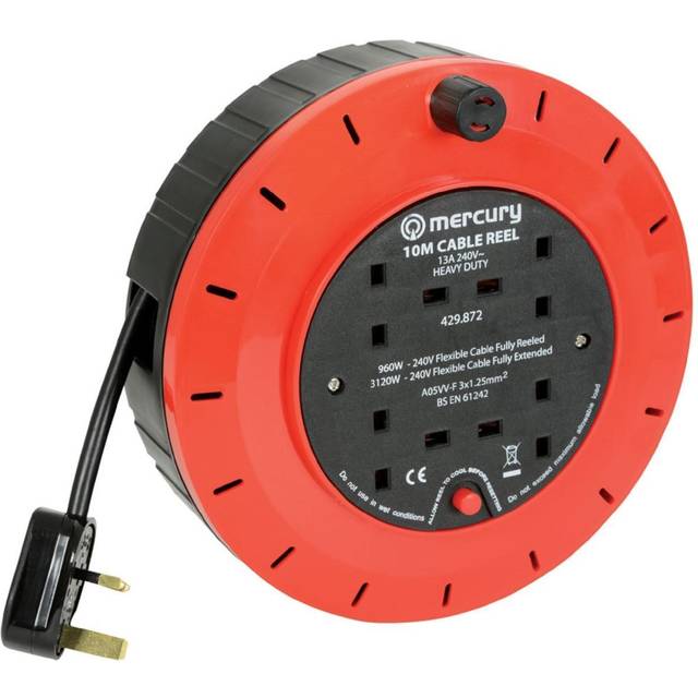 4 Gang Way Extension Reel Thermal Cut Out 10m - Red / Black