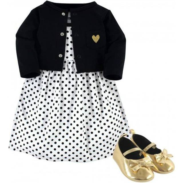 Hudson Baby baby girls Dress  cardigan and Shoes casual Dress  Black Dot  3-6 Months US