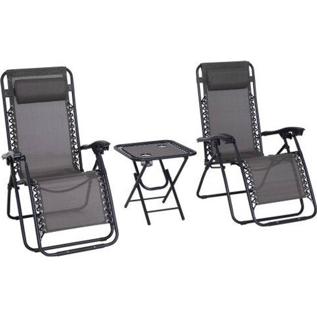 Outsunny 3PC Zero Gravity Chairs Sun Lounger Table Set w/ Cup Holders, Black