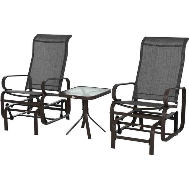 Outsunny 3 Pcs Gliding Chair Table Set Smooth Rockers Metal Frame Sling Seat, Brown