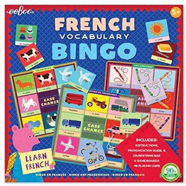 eeBoo: French Bingo Vocabulary Game, Includes- Pronunciation Guide & Drawsting Bag, 6 Game Boards, 48 Playing Chips, 2 to 6 Players, for Ages 5 and up