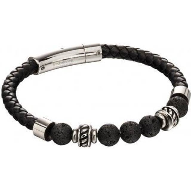 Fred Bennett Stainless Steel Black Leather Lava Bead Bracelet B5097