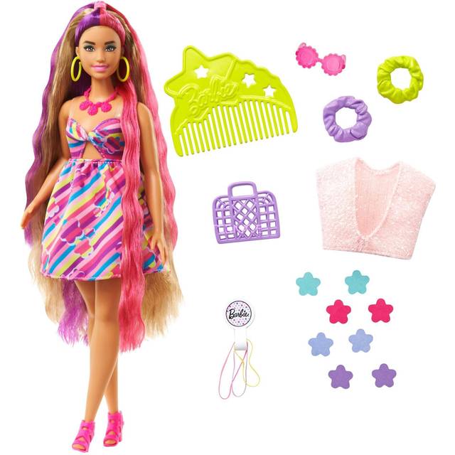 Barbie Totally Hair Flower-Themed Doll, Curvy, 8.5 inch Fantasy Hair, Dress, 15 Hair & Fashion Play Accessories (8 with Color Change Feature) for Kids