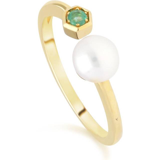 Modern Pearl & Emerald Open Ring in 9ct Gold