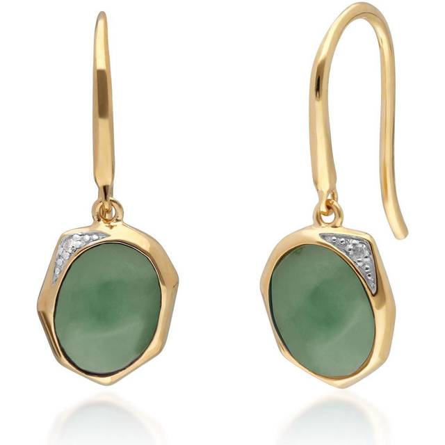 Irregular B Gem Jade & Diamond Drop Earrings In Yellow Gold Plated Silver