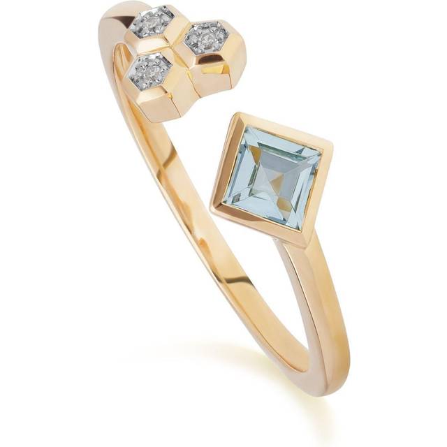 Contemporary Blue Topaz & Diamond Open Ring in 9ct Yellow Gold