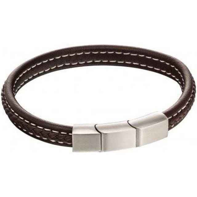 Fred Bennett Stainless Steel Brushed Finish Brown Leather Plaited Bracelet B5120