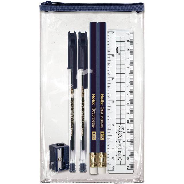 Helix Oxford Blazer Buddy Stationery Set with Compact Clear Pencil Case (Designed to fit School Blazer Pocket) Oxford Blue, 981805