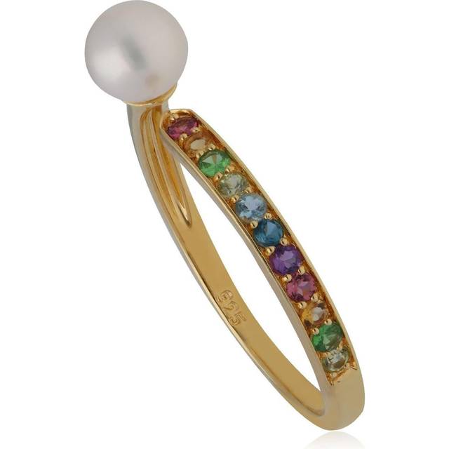 Rainbow Gemstone & Pearl Open Ring in Gold Plated Sterling Silver