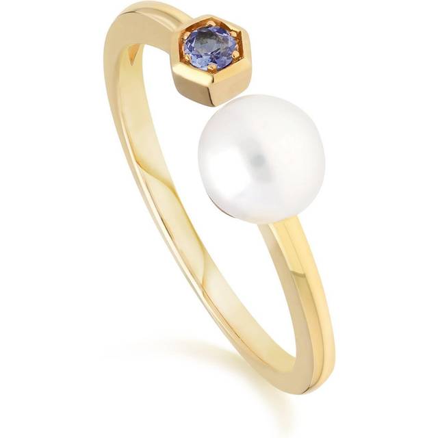 (N) Modern Pearl & Tanzanite Open Ring in 9ct Yellow Gold