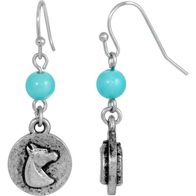 Silver Tone Turquoise Bead Horse Wire Earrings - Natural (One Size)