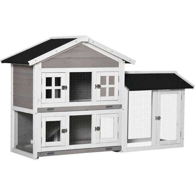 PawHut 2 Tier Wooden Rabbit Hutch Bunny Run with Slide-out Tray Ramp Grey