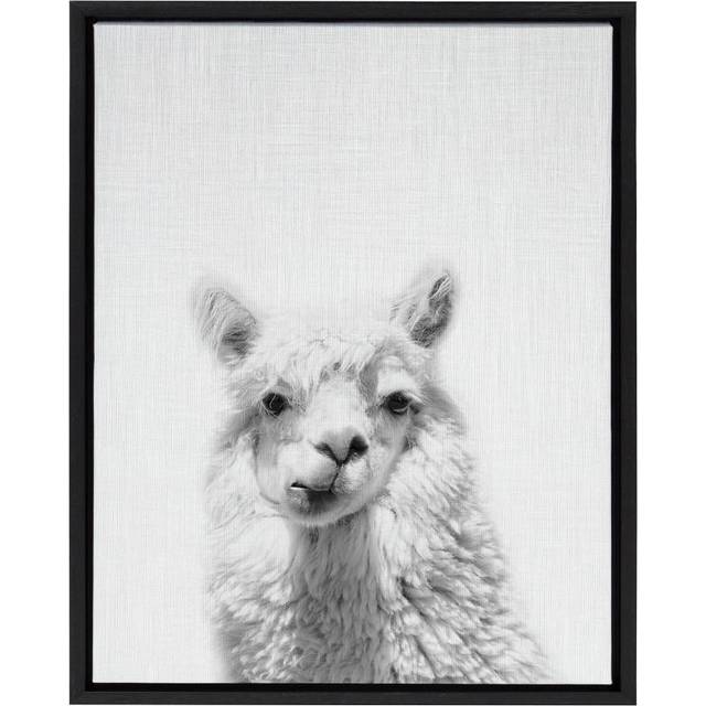 Kate and Laurel Sylvie Alpaca Black and White Portrait Framed Canvas Wall Art by Simon Te Tai  18x24 Black