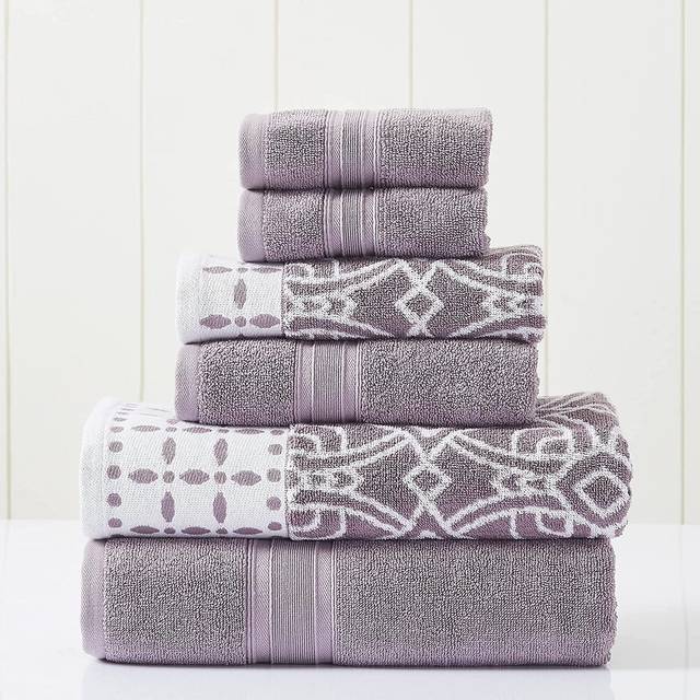 Modern Threads 6 Piece Set  2 Bath Towels  2 Hand Towels  2 Washcloths Yarn Dyed Jacquard/Solid Towel Set Monroe Orchid