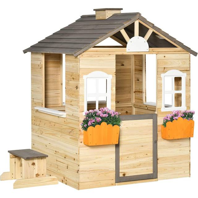 Outsunny Wooden Playhouse For Kids With Door, Windows, Mailbox, Flower Pot Holder, Serving Station, Bench For Children, Yellow