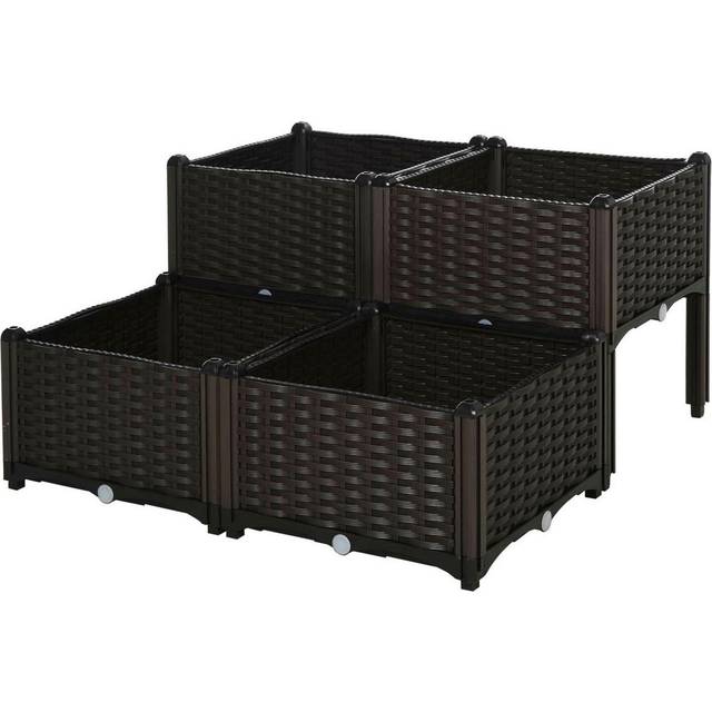 Outsunny Rattan Effect Two Tier Planter - Brown, Brown