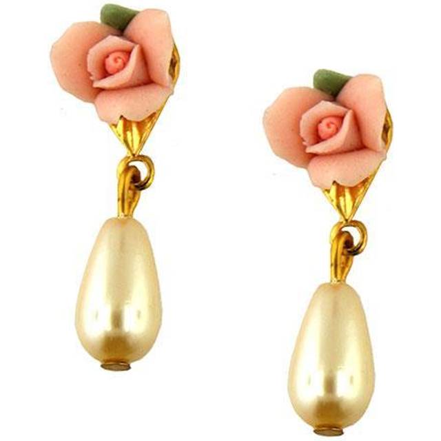 1928 Jewelry Women's Pink Porcelain Rose Faux Pearl Drop Earrings