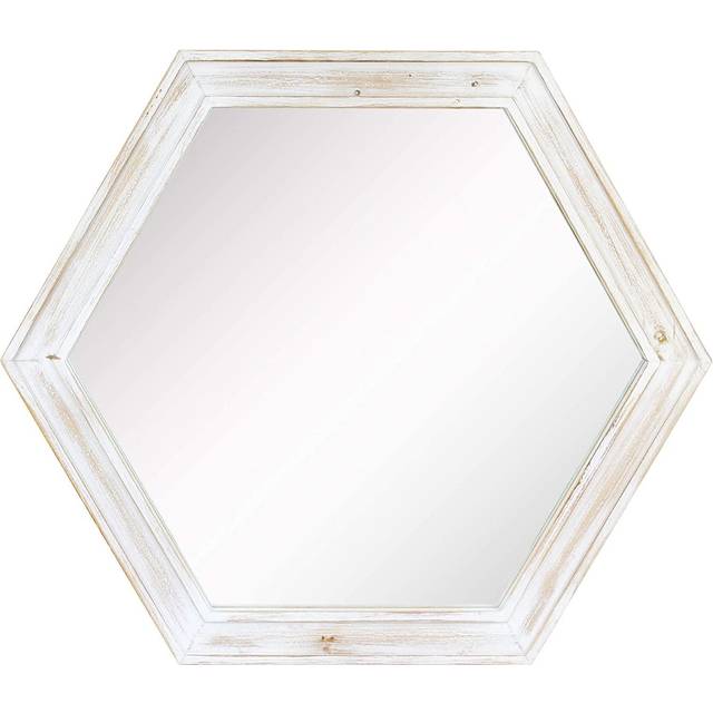 Stonebriar Decorative 24 Hexagon Wall Mirror with Worn White Wood Frame and Attached Hanging Bracket  Decorative Country Rusti