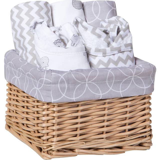 Trend Lab Safari Gray 7 Piece Feeding Basket Gift Set - 2 Deluxe Bibs  3 Deluxe Burp Cloths  Liner  Willow Basket