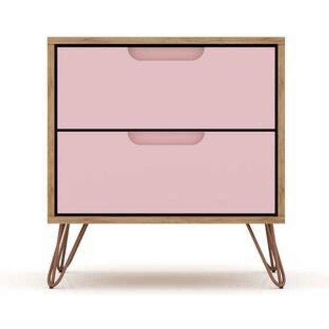 Manhattan Comfort Rockefeller 2.0 Mid-Century Modern 2-Drawer Nightstand in Nature and Rose Pink