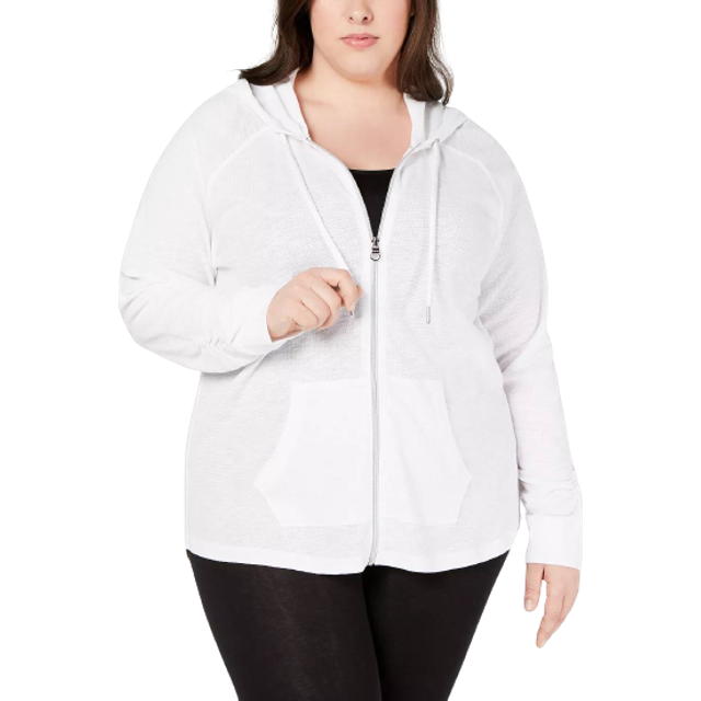 Calvin Klein womens Ruched Long Sleeve Zip Front Hoodie  White  3X