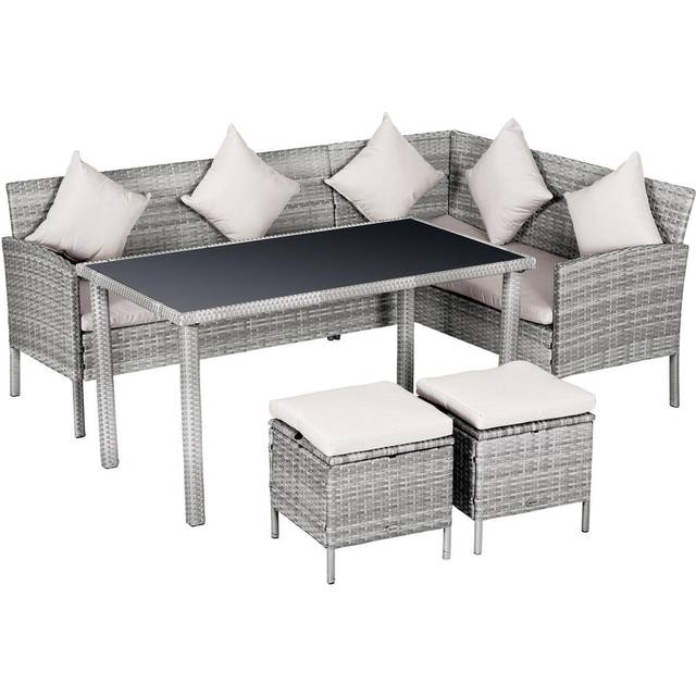 Outsunny 6Pcs Rattan Sofa Set Coffee Table Footstool Outdoor W/ Cushion - Beige, Grey