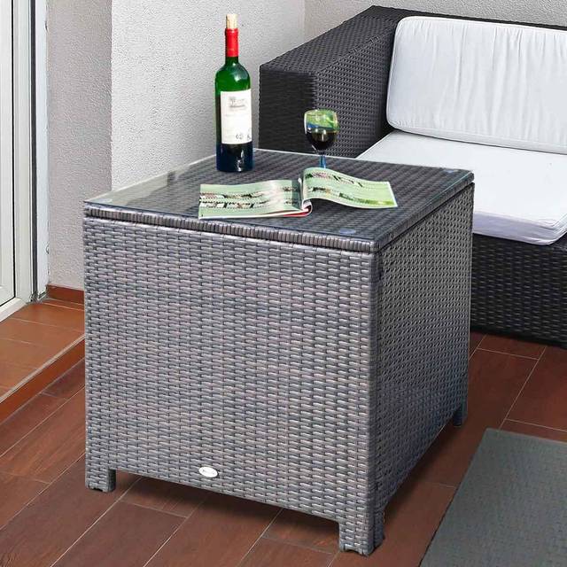 Outsunny Side Table Furniture Tempered Glass Garden Patio Wicker Brown, Brown