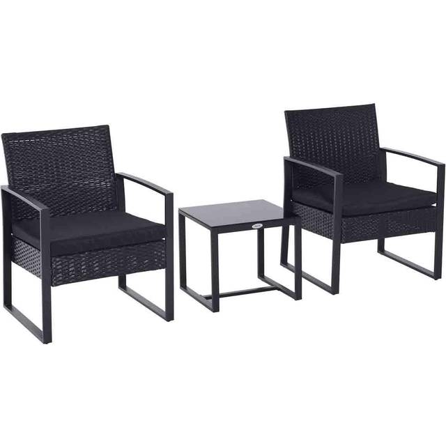 Outsunny 3 Pieces Rattan Patio Bistro Set 2 Chairs Coffee Side Table Set, Black
